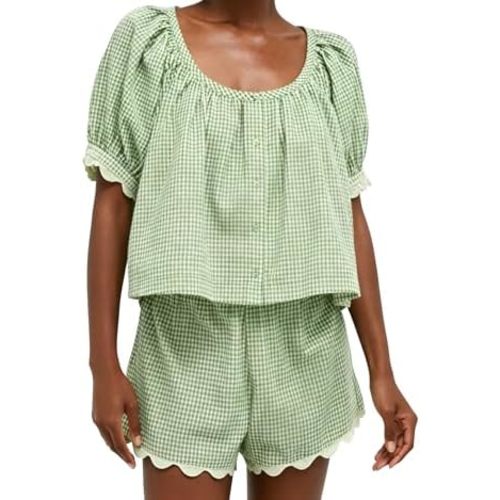 VAOYIU Two Piece Sets for Women Casual Summer Gingham Outfit Puff Sleeve Crew Neck Top Matching Shorts Set with Scalloped Hem