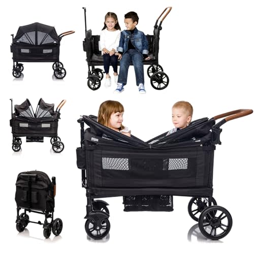 Wagon Stroller for 2 Kids & Cargo-Travel Push-Pull Double Baby Wagon Lightweight Folding Stroller for Toddler with 5-Point Harness,Adjustable Handle Bar and Canopy,Tray Table,Cup Holder