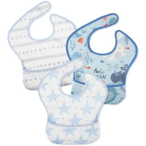 Mess Proof Baby Bib 3 Pack, Waterproof Led Weaning Baby Feeding Bibs with Food Catcher, Travel Feeding Bibs