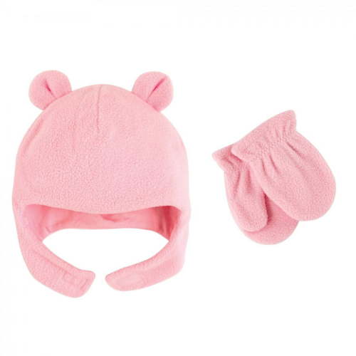 Luvable Friends Baby Girl Beary Cozy Hat and Mitten Set 2pc, Light Pink, 0-6 Months