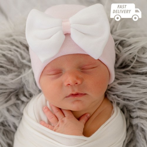 Pink Newborn Hospital Hat: White Bow, Satin Ribbon, Double Ply