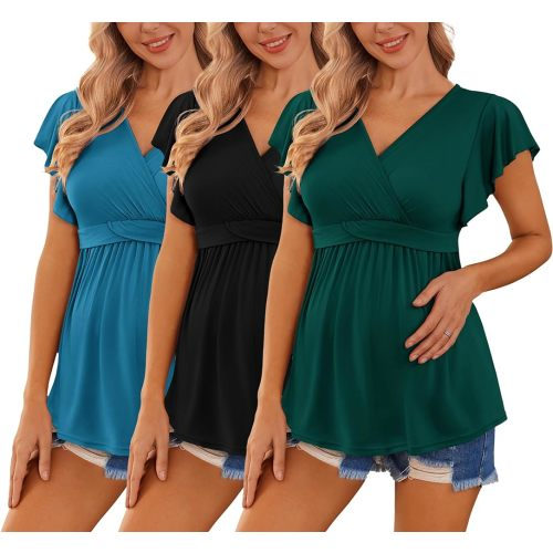 Ekouaer Maternity Shirts 3 Packs Flying Short Sleeve Nursing Tops Pregnancy Clothes