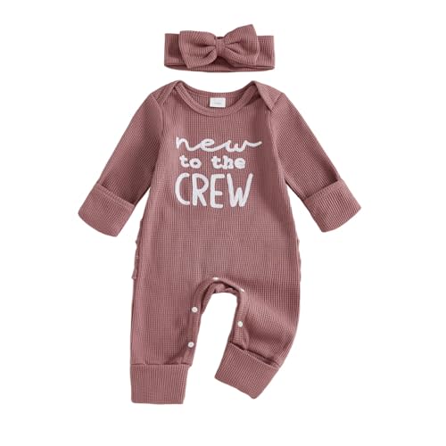 FIOMVA Im New Here Newborn Outfit Girl Long Sleeve Letter Romper Ribbed Knit Jumpsuit Baby Girl Preemie Coming Home Outfit