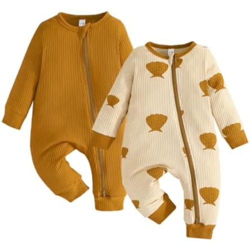 Bafeicao Unisex Baby Boy Girl 2 Pack Rompers Long Sleeve Two Way Zipper Romper One Piece Jumpsuits Clothes Sets