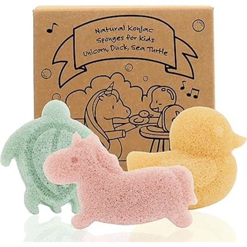 myHomeBody Konjac Baby Sponge for Bathing, Cute Shapes Natural Kids Bath Sponges for Infants, Toddler Bath Time, Natural and Safe Plant-Based Konjac Baby Bath Toys, 3pc. Set: Unicorn, Duck, Sea Turtle
