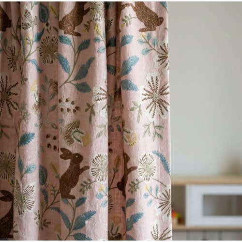 Pink Linen Embroidered Nursery Curtains, Bunny Floral Botanical Drapes, Kids Room, Cotton or Blackout Liner, Custom Size, 4 Headers