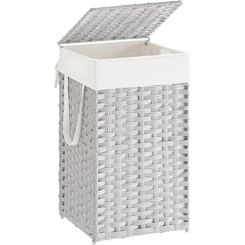 SONGMICS Laundry Hamper with Lid, 17.2 Gallon (65 L) Synthetic Rattan Clothes Laundry Basket with Lid and Handles, Foldable, Removable Liner, Cloud White ULCB165W01