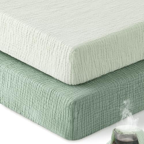 Unnivoll Muslin Crib Sheets for Boys Girls, 100% Cotton Fitted Crib Sheet 2 Pack for Standard Crib and Toddler Mattress, Breathable Soft Baby Sheet 28x52x8in Gradient Green