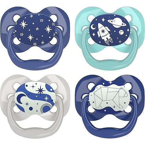 Dr. Brown's Advantage Glow-in-the-Dark Baby Pacifier, Fully Symmetrical Soother with Soft Silicone Bulb, 0-6m, BPA Free, Blue Sunrise and Blue Ocean, 4 Pack (Style May Vary)