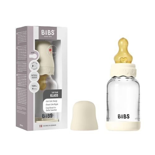 BIBS Boheme Baby Glass Bottle 4 oz /120 ml. Anti-Colic. Round Natural Rubber Latex Nipple. Supports Natural Breastfeeding - Ivory