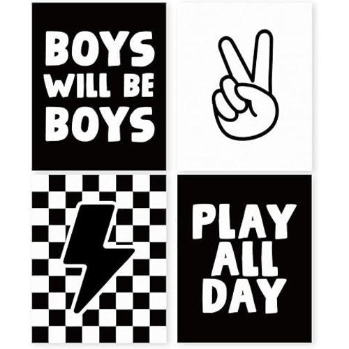HRQKO Black Boys Room Wall Art Poster Prints Set of 4, Kids Positive Boys Will Be Boys Play All Day Posters Printing Wall Decor, Black Checkered Hand Prints for Playroom Boys Room 12”x16” Unframed