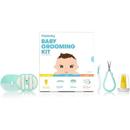 Frida Baby Grooming Kit | Baby Essentials Gift Set Includes Finger Brush with Storage Stand, Hair Brush with Case, Styling Hair Comb, Easy Grip Nail Scissors with Nail File and Case