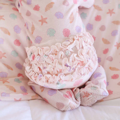 Saltwater Shells Waffle Bamboo Zipper Ruffle Footie