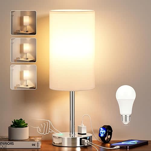 17.4Inch Bedside Touch Table Lamps for Bedroom - Tall Nightstand Lamp with USB-C USB-A Charging Ports White - 3 Way Dimmable Control Small Lamp for Office, Dorm Room, Living Room, Reading