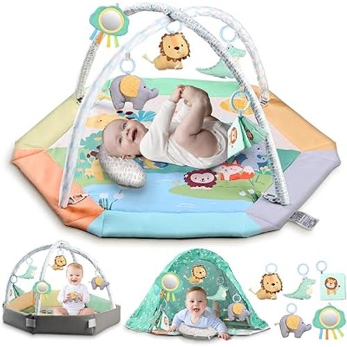 Baby Play Mat with Tent, Pillow, Activity Mat for Toddlers Early Development, Washable Gym Playmat for Infants, Christmas Birthday Toy Gifts for Babies, Infants, Newborns 0-3-6-9-12-18 Months