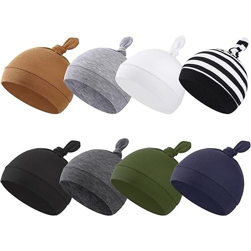 BEoffer 8 Pack Baby Newborn Hats Set Top-Knot Beanie Soft Stretchable Hats Adjustable Caps for Infant Girls Boys 0-6 Months