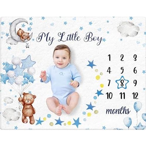 Sleeping Bear Monthly Baby Milestone Blanket Bear Star Balloon Flannel Blanket Boy Newborn Infant Swaddle Growth Baby Frame for Boys Girls Nursery (Blue)