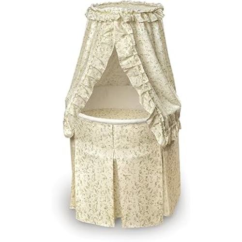 Badger Basket Empress Canopy Bassinet, Rocking Baby Cradle Bed with Mattress, Bedding, and Storage, Round- Ecru/Leaf