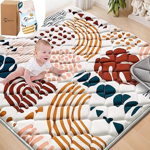 Baby Play Mats for Floor, 47x47 Playpen Mat for Babies, Extra Thicker & Soft Floor Crawling Mat, Foldable Non-Slip Playmat Cushioned for Infants Toddlers, Boho Leaf Design