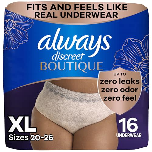 Always Discreet Boutique Incontinence and Postpartum Underwear for Women, Maximum Protection, Extra Large, Rosy, 16 Count