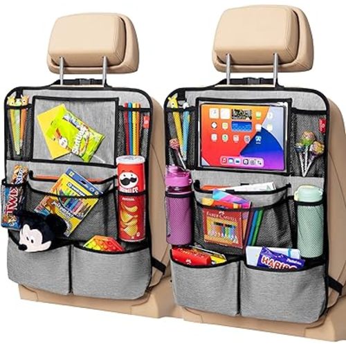 Helteko Backseat Car Organizer, Kick Mats Back Seat Protector with Touch Screen Tablet Holder, Back Seat Organizer for Kids with 9 Storage Pockets, Travel Accessories (2 Pack, Gray)