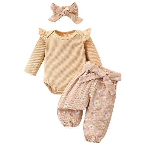 Erwazi Newborn Infant Girl Outfit Sets Rib Knit Romper Daisy Print Pants Headband Baby Clothes for Girls 0 3 6 12 18 24 Months