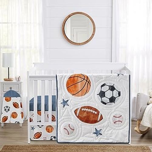 Sweet Jojo Designs Sports Theme Boy Baby Crib Bedding Set Infant Nursery Room Blanket Fitted Sheet Skirt Diaper Stacker 4pc Watercolor Vintage Sport Soccer Balls Football Baseball Basketball Blue Star