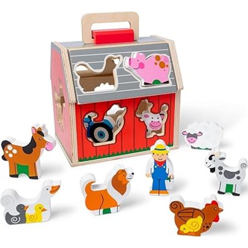 Melissa & Doug Take-Along Wooden Toy Barn, 11-Pc Portable Toddler Playset with Farm Animals & Pop-Up Roof, Preschool Learning Toys for Girls & Boys 2+