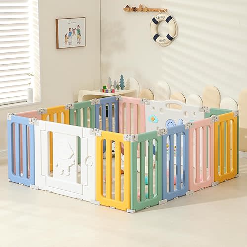 Extra Large Foldable Play Pen - 14 Panels, Adjustable Baby Play Yard, Portable Baby Fence - Colorful Astronauts Design