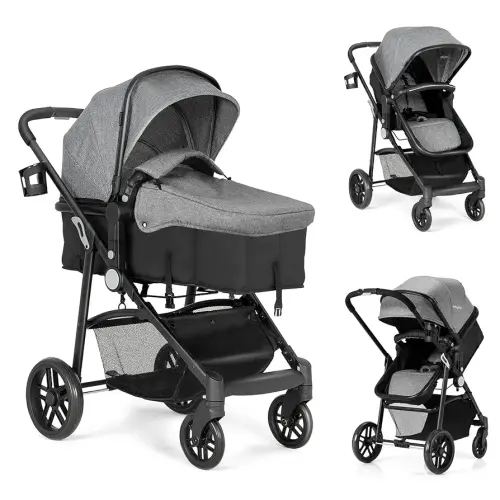 BABY JOY Baby Stroller, 2 in 1 Convertible Carriage Bassinet to Stroller, Pushchair with Foot Cover, Cup Holder, Large Storage Space, Wheels Suspension, 5-Point Harness (Gray)