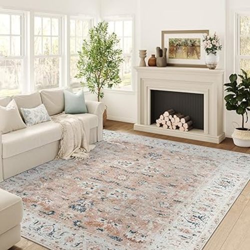 jinchan Area Rug 8x10 Washable Rug - Vintage Living Room Rug for Girl Boho Floral Print Low Pile Large Rug Farmhouse Thin Rug Non-Slip Distressed Carpet for Bedroom Dining Room Office Pink Blush