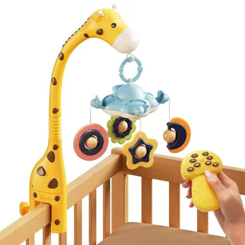 TUMAMA Baby Crib Mobile with Projection Night Lights and Relaxing Music, 3 in 1 Crib Toys Remote Control Giraffe, Auto-Sleep and Off, Mute Spin Motor, Baby Toys for Infant 0 3 6 9 Month Newborn Gift (Yellow)