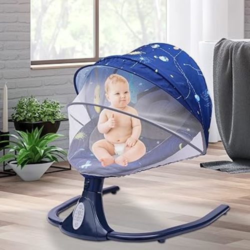 Baby Rocker with Removable Crib Netting, 3-Point Harness, USB, Electric Cradling Bouncer with 4 Swing Amplitudes & Timing Function for 0 to 20 Months, 0-20KGs Baby (Blue)