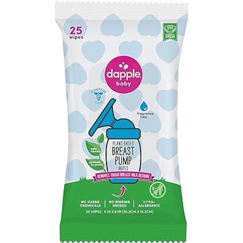 Breast Pump Wipes by Dapple Baby, 25 Count, Fragrance Free, Plant Based & Hypoallergenic Wipes - Removes Milk Residue, Leaves No Taste - Convenient Wipes Pouch