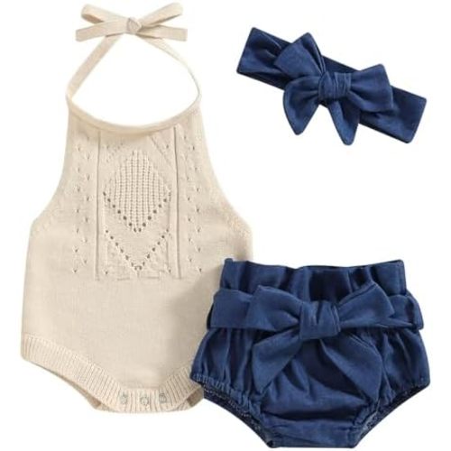 TheFound Toddler Baby Girls Knitted Outfit Tie-up Tank Top Elastic Waist Flower Shorts Summer Clothes 6 12 18 24 Months 2t 3t