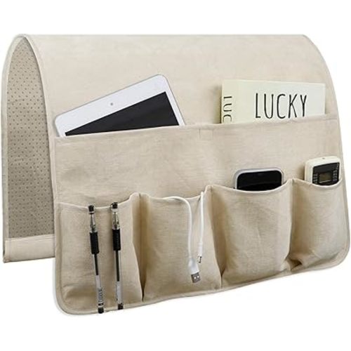 NB Sofa Armrest Organize remote holder bedside caddy organizer with 5 pockets，non-slip couch remote control holder couch armchair caddy accessories (Beige, 35''x18'')