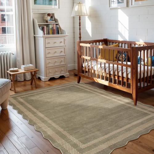 Brise Washable Farmhouse Scalloped Olive Green Rug - Lahome