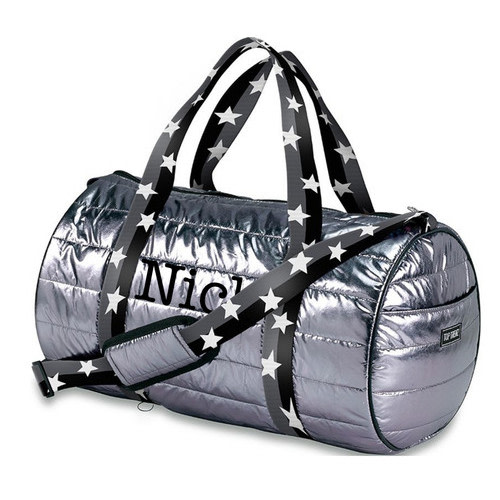 Duffle Bag, Pewter Puffer with Black Straps and White Stars - Nik's Naks