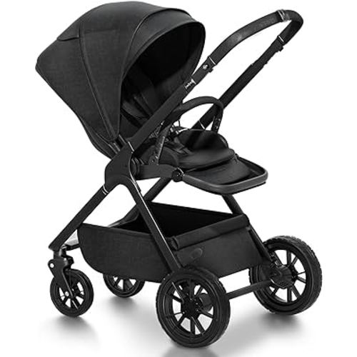 newyoo Baby Stroller, Baby Reversible Stroller, Standard Stroller, Parent or Forward Facing, One-Hand Recline, Compact Fold, Extendable Canopy, Cushion, Mosquito Net, Wrist Strap(Include) Black