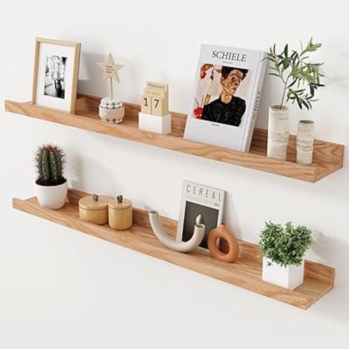 Axeman Oak Picture Ledge Shelf, 36 Inch Floating Shelves Set of 2, Solid Oak Wood Wall Shelves with Lip, Wall Decor Storage for Bedroom Living Room Bathroom Kitchen Nursery Photo Picture, Natural Oak