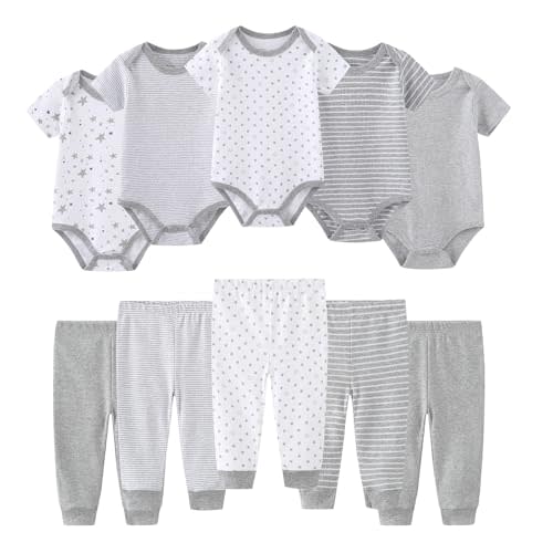 Ruliby Baby Bodysuit and Pant Set 10-pcs Cotton Soft Newborn Boy Girl Clothes Outfits