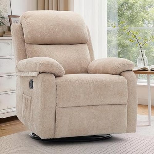 Recliner Chair, 360 Swivel Rocker Chair for Adults, Small Rocking Recliner Chair for Small Spaces, Upholstered Chenille Fabric Glider Recliner Nursery Chair with Side Pockets for Living Room