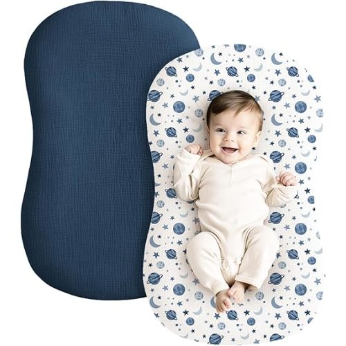 Konssy Muslin Baby Lounger Cover 2 Pack, 100% Cotton Newborn Lounger Cover, Soft and Breathable Lounger Cover for Boys Girls, Covers Only (Planet,Navy)