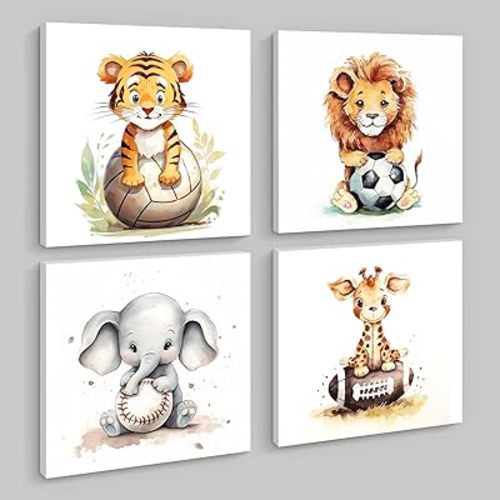GLOKAKA Set of 4 Jungle Animals Wall Art Watercolor Cute Animals with Baseball Football Volleyball Rugby Kids Boy Sports Wall Decor Painting Print Nursery Decor Artwork