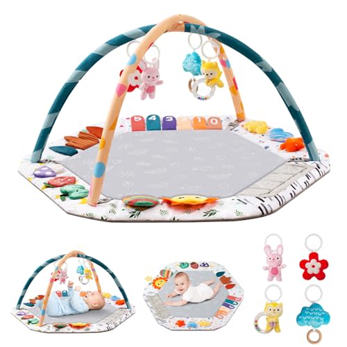 Baby Play Gym Mat 6 Development Zones Tummy Time Mat Baby Activity Pad with 4 Detachable Toys for Motor Skill Sensory Development Gym for Essentials Gift