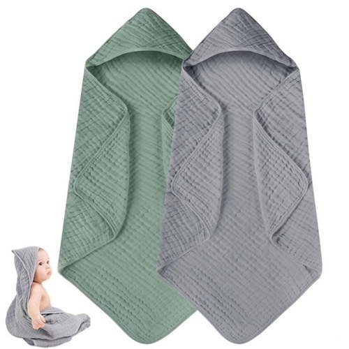 Yiliangx 2x Hooded Baby Towels,Muslin Cotton Baby Bath Towel for Newborns, Infants, Toddlers Size - Soft & Absorbent, 31x31''( White+Green)