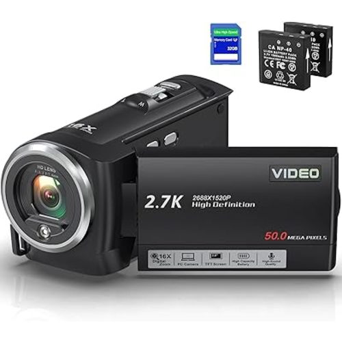 Video Camera Camcorder, QHD 2.7K Camcorder 50MP 16X Digital Video Camera for YouTube, 2.8'' 270 Degree Rotation Screen Video Recorder Vlogging Camera with 32GB Card and Two Batteries