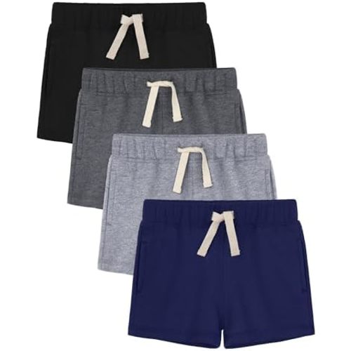 Baby Boys Shorts 4-Pack 0-24M | Cotton Knit Pull-On with Adjustable Drawstring Waist & Pockets, Summer Playwear