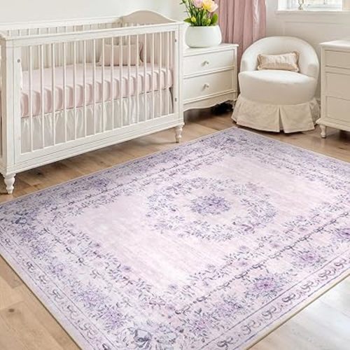 Wonnitar Floral Bow Print Purple Rug, 5x7 Washable Rug for Girls Room Decor, Ultra-Thin Non Slip Soft Boho Carpet for Bedroom Nursery Toddler Kids Room Living Room Women Office