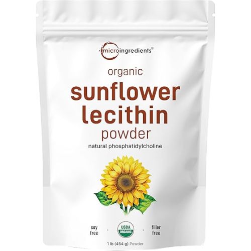 Micro Ingredients Organic Sunflower Lecithin Powder, 1 Pound, Sustainable Farmed, Cold Pressed, Rich in Phosphatidyl Choline and Protein, Making Liposomal Vitamin C, Lactation Supplement, Non-GMO